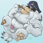  2018 4_fingers angry_birds anthro anus avian balls beak bird blue_background brown_eyes capt&#039;n_thrush dudebulge erection feathers front_view gradient_background hi_res humanoid_penis male navel nude pegleg penis sailor_hat seagull signature simple_background smoking_pipe solo uncut video_games white_feathers 