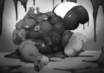  2018 5_toes animate_inanimate anthro belly biceps big_belly bulge claws digital_drawing_(artwork) digital_media_(artwork) featureless_crotch feet fur gio_(zannte) goo_transformation greyscale grisser hindpaw inflatable liquid_latex living_inflatable male mammal monochrome multicolored_fur muscular muscular_male nipples open_mouth paws pecs pool_toy shiny simple_background skunk solo teeth toe_claws toes transformation two_tone_fur 