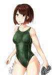  brown_eyes brown_hair competition_swimsuit cowboy_shot dated diving_mask diving_mask_removed green_swimsuit highres hyuuga_(kantai_collection) kantai_collection looking_at_viewer minase_(takaoka_nanase) one-piece_swimsuit short_hair simple_background solo swimsuit twitter_username white_background 