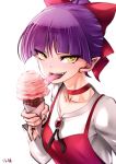  artist_name bangs bow cat_girl cat_tongue choker commentary dress eyebrows_visible_through_hair eyes_visible_through_hair fingernails food gegege_no_kitarou gem hair_bun holding holding_food ice_cream_cone licking long_sleeves looking_at_viewer nekomusume nekomusume_(gegege_no_kitarou_6) open_mouth pinafore_dress pinky_out pointy_ears purple_hair red_bow red_choker red_dress shirt short_hair signature simple_background slit_pupils smile solo souryu tongue tongue_out upper_body white_background white_shirt yellow_eyes 