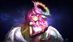  angel_wings breasts commentary feathered_wings gloves gradient_hair grin hair_between_eyes halo jibril_(no_game_no_life) long_hair low_wings magic_circle medium_breasts midriff multicolored multicolored_eyes multicolored_hair navel no_game_no_life pink_eyes pink_hair smile solo stomach takuyarawr teeth torn_clothes very_long_hair watermark web_address white_wings wing_ears wings yellow_eyes 