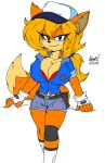  2018 5_fingers akatsukishiranui-fox anthro bedroom_eyes big_breasts blonde_hair blue_eyes breasts canine cleavage clothed clothing female fingerless_gloves fox fur gloves hair half-closed_eyes hat jill_(akatsukishiranui-fox) looking_at_viewer mammal orange_fur seductive shirt shorts simple_background smile solo standing t-shirt white_background 