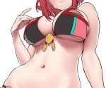  baffu bare_shoulders bikini breasts commentary_request earrings head_out_of_frame highres homura_(xenoblade_2) jewelry large_breasts navel red_hair short_hair smile solo standing swimsuit underboob upper_body xenoblade_(series) xenoblade_2 