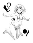  aono3 bangs barefoot bikini breasts closed_mouth eyebrows_visible_through_hair fang frilled_bikini frills full_body girls_und_panzer greyscale jumping katyusha looking_to_the_side monochrome navel outstretched_arms short_hair small_breasts smile solo spread_arms swimsuit v-shaped_eyebrows 