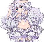 armpits arms_up bangs bare_shoulders blue_eyes blush bow center_frills commentary crop_top detached_sleeves frills garter_straps gloves hair_between_eyes hair_bow kuro_(kuronell) long_hair looking_at_viewer navel parted_lips pleated_skirt puffy_short_sleeves puffy_sleeves purple_skirt short_sleeves silver_hair simple_background skirt solo soul_worker stella_unibell strapless thighhighs very_long_hair white_background white_bow white_gloves white_legwear 