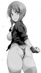  1girl artist_request ass breasts curvy female ghost_in_the_shell ghost_in_the_shell_stand_alone_complex highleg highleg_leotard kusanagi_motoko leotard monochrome shiny short_hair smile solo thick_thighs thighhighs 