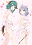  absurdres adjusting_bow animal_ears apron ass bow cowboy_shot dog_ears dog_tail fang from_behind green_eyes green_hair grey_hair highres kasodani_kyouko looking_back mouse_ears mouse_tail multiple_girls naked_apron nazrin pink_background red_eyes sakechazuke star tail touhou 