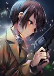  bangs beige_coat black_hair blue_eyes closed_mouth coat collared_coat collared_shirt expressionless eyebrows_visible_through_hair gun handgun holding holding_gun holding_weapon kino kino_no_tabi looking_down moze revolver shirt short_hair solo weapon white_shirt 