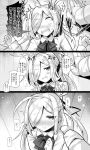  1girl :d ahoge ai_takurou anger_vein angry asashimo_(kantai_collection) blush bow bowtie check_translation collared_shirt comic commentary constricted_pupils crying crying_with_eyes_open dress eyebrows_visible_through_hair fangs flying_sweatdrops gloves greyscale hair_over_one_eye kantai_collection long_hair long_sleeves monochrome open_mouth partially_translated shirt sleeveless sleeveless_dress smile speech_bubble sweat tears translation_request trembling upper_body wall_slam wooden_wall 