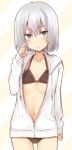 arm_at_side ass_visible_through_thighs black_bra black_panties blush bra closed_mouth commentary copyright_request cowboy_shot embarrassed flat_chest grey_eyes grey_hair hand_up hood hood_down hoodie long_sleeves looking_at_viewer nagami_yuu open_clothes open_hoodie panties short_hair solo standing underwear unzipped white_hoodie 