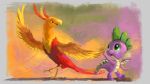  16:9 2018 avian beak bird brown_eyes cute cute_fangs dragon duo eyebrows fangs feathered_wings feathers friendship_is_magic green_eyes hi_res high_five male membranous_wings my_little_pony nude open_mouth open_smile peewee_(mlp) phoenix plainoasis purple_scales scales scalie slit_pupils smile spike_(mlp) standing talons tongue wallpaper wings yellow_feathers 