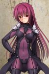  blush bodysuit breasts commentary_request covered_navel cowboy_shot fate/grand_order fate_(series) large_breasts long_hair looking_at_viewer onna_kishi_no_shiro pauldrons purple_bodysuit purple_hair red_eyes scathach_(fate)_(all) scathach_(fate/grand_order) shoulder_armor smile solo very_long_hair 