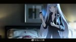  3: backlighting bangs blood blood_stain blue_hair blunt_bangs breasts cellphone dress_shirt eyebrows_visible_through_hair girls_frontline hair_ornament hand_on_own_chest hk416_(girls_frontline) indoors large_breasts letterboxed long_hair narcolepsy-1900 navel night partially_unbuttoned phone shirt sidelocks sleeves_folded_up smartphone solo tattoo very_long_hair weibo_username 