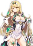  armor armpits ass_visible_through_thighs blonde_hair blush breasts cleavage cleavage_cutout contrapposto covered_navel cowboy_shot dress earrings elbow_gloves eyebrows_visible_through_hair gloves hairband hand_on_hip highres hikari_(xenoblade_2) jewelry large_breasts long_hair looking_at_viewer raiou short_dress simple_background skindentation solo standing sword thigh_strap tiara weapon white_background white_dress white_gloves xenoblade_(series) xenoblade_2 yellow_eyes 