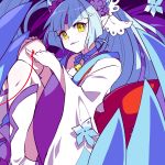  bangs bell blue_choker blue_hair blue_ribbon breasts choker eyebrows_visible_through_hair facial_mark fingernails forehead_mark froslass gen_4_pokemon highres jingle_bell light_blue_hair long_hair long_sleeves looking_at_viewer momoshiro neck_ribbon open_mouth personification pinky_out pointy_ears pokemon purple_background red_string ribbon smile solo string very_long_hair wide_sleeves yellow_eyes 