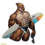  abs anthro biceps brown_skin bulge clothed clothing deal_with_it_shades facial_scar fish gills hi_res holding_glasses huge_muscles looking_at_viewer male marine muscular muscular_male pecs portrait red_eyes scar shark sharp_teeth simple_background skimpy smile solo speedo standing surfboard swimsuit teeth three-quarter_portrait topless white_background wolfmalro 