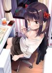  bangs black_hair black_legwear blush bow breasts brown_eyes byte_(allbyte) cellphone commentary_request downblouse drink eyebrows_visible_through_hair hair_bow highres long_hair looking_at_viewer mechanical_pencil medium_breasts original pencil phone red_bow sana_(allbyte) shorts sidelocks sitting smartphone solo sweat thighhighs 
