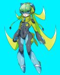  :o bangs blue_background blue_eyes blue_footwear blue_gloves bodysuit boots breasts bright_pupils dewpider eyebrows_visible_through_hair eyes_visible_through_hair gen_7_pokemon gloves green_hair hair_between_eyes highres legs_apart long_hair long_sleeves momoshiro open_mouth personification pokemon quad_tails small_breasts solo turtleneck visor zipper_pull_tab 