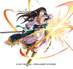  2017 belt black_hair boots breasts company_name fire_emblem fire_emblem:_rekka_no_ken fire_emblem_heroes karla katana kita_senri large_breasts long_hair official_art open_mouth sash side_slit simple_background solo sword teeth weapon white_background 