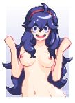  1girl ahoge artist_name border breasts female hands_up headband hex_maniac_(pokemon) looking_at_viewer matching_hair/eyes medium_breasts navel nipples npc_trainer nude open_mouth pixel_art pokemon pokemon_(game) pokemon_xy purple_eyes purple_hair smile solo upper_body wannabepixels watermark white_border 