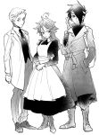  2boys ahoge apron bandages boots braid emma_(yakusoku_no_neverland) full_body hand_in_pocket looking_at_viewer multiple_boys necktie ni-si_(nisi_kun) norman_(yakusoku_no_neverland) older ray_(yakusoku_no_neverland) short_hair simple_background single_braid trench_coat turtleneck what_if white_background yakusoku_no_neverland 