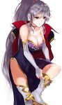  blush boots breasts cape choker cleavage collar collarbone cross_choker detached_sleeves dress fire_emblem fire_emblem:_seisen_no_keifu fire_emblem_heroes gloves gold_trim hairband highres image_sample ishtar_(fire_emblem) large_breasts lavender_hair looking_down ormille ponytail purple_dress purple_eyes putting_on_boots putting_on_shoes sidelocks simple_background thigh_boots thighhighs thighs twitter_sample white_background white_gloves 