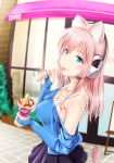  absurdres animal_ears blush breasts cat_ears cat_tail commentary_request crepe food ganari_ryuu green_eyes headphones headset highres large_breasts long_hair looking_at_viewer open_mouth original pink_hair smile solo super_tama_musume tail tamatoys 