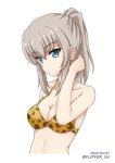  animal_print bikini blue_eyes breasts cleavage closed_mouth collarbone commentary dated eyebrows_visible_through_hair flipper girls_und_panzer hair_up hand_in_hair itsumi_erika light_frown long_hair looking_at_viewer medium_breasts ponytail print_bikini silver_hair simple_background solo standing swimsuit twitter_username upper_body white_background yellow_bikini 