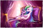  2017 age_difference bed bedroom blush canopy_bed cuddling curtains cute cutie_mark digital_media_(artwork) digital_painting_(artwork) duo embrace equine eye_contact eyebrows eyelashes feathered_wings feathers female female/female feral friendship_is_magic hair hi_res hooves horn inside long_hair love lying mammal multicolored_hair my_little_pony on_back on_bed on_top open_mouth open_smile pillow plainoasis princess_celestia_(mlp) purple_eyes purple_feathers rainbow_hair smile twilight_sparkle_(mlp) white_feathers window winged_unicorn wings 