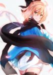  ahoge black_legwear black_scarf blonde_hair blush bow commentary_request fate/grand_order fate_(series) felnemo from_behind hair_between_eyes hair_bow highres japanese_clothes kimono looking_at_viewer looking_back okita_souji_(fate) okita_souji_(fate)_(all) scarf short_hair smile thighhighs yellow_eyes 