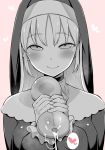  artificial_vagina bad_id bad_twitter_id bangs blush breasts closed_mouth commentary cum eyebrows_visible_through_hair gloves greyscale habit hanabi_(ocha) heart holding large_breasts looking_at_viewer monochrome nijisanji nun sister_cleaire smile solo virtual_youtuber 