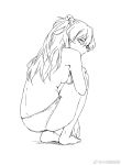  armpits ass back bangs bare_legs barefoot breasts closed_mouth flat_ass from_side full_body greyscale hair_between_eyes hair_ornament half-closed_eyes hand_on_own_knee highres hu58013901 knee_up leaning_forward lineart long_hair looking_at_viewer looking_back looking_to_the_side monochrome neon_genesis_evangelion nipples panties parted_bangs shadow sideboob simple_background sketch small_breasts solo souryuu_asuka_langley squatting straight_hair topless two_side_up underwear underwear_only 