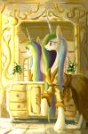  2017 bathrobe clothed clothing digital_media_(artwork) digital_painting_(artwork) dresser equine eyelashes female feral friendship_is_magic frown hair hi_res hooves horn inside long_hair long_horn mammal mirror multicolored_hair my_little_pony plainoasis plant portrait potted_plant princess_celestia_(mlp) purple_eyes rainbow_hair raised_leg reflection robe sad solo standing sunlight window 