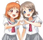  :d ahoge bangs blue_eyes bow braid grey_hair grey_skirt hair_bow hair_ornament hairclip heart heart_hands heart_hands_duo looking_at_viewer love_live! love_live!_sunshine!! multiple_girls neckerchief open_mouth orange_hair pleated_skirt red_eyes red_neckwear round_teeth school_uniform serafuku short_sleeves side_braid simple_background skirt smile suke_(momijigari) takami_chika teeth tie_clip upper_teeth uranohoshi_school_uniform watanabe_you white_background yellow_bow 