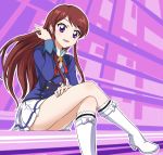  :d aikatsu! aikatsu!_(series) blue_jacket blush boots brown_hair commentary eyebrows_visible_through_hair high_heel_boots high_heels jacket long_hair looking_at_viewer open_mouth purple_background purple_eyes school_uniform shibuki_ran shiitake_urimo shiny shiny_hair shiny_skin sitting skirt smile solo starlight_academy_uniform white_skirt 