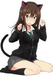  animal_ears black_jacket blue_eyes blue_neckwear blush brown_hair cat_ears cat_tail collared_shirt commentary_request earrings embarrassed extra_ears grey_skirt hands_up idolmaster idolmaster_cinderella_girls jacket jewelry long_hair long_sleeves looking_at_viewer nagami_yuu necktie parted_lips paw_pose pleated_skirt seiza shibuya_rin shirt simple_background sitting skirt solo tail white_background white_shirt wing_collar 