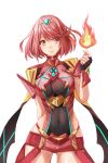  arm_behind_back bangs breasts covered_navel cowboy_shot earrings eyebrows_visible_through_hair fingerless_gloves fire gloves highres homura_(xenoblade_2) jewelry large_breasts looking_at_viewer pyrokinesis red_eyes red_hair red_shorts redpoke short_hair short_shorts shorts shoulder_armor skindentation smile solo swept_bangs tiara white_background xenoblade_(series) xenoblade_2 