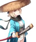  black_scarf blacktheif blonde_hair bow fate/grand_order fate_(series) hair_between_eyes hair_bow hat holding holding_weapon japanese_clothes katana kimono looking_at_viewer okita_souji_(fate) okita_souji_(fate)_(all) scarf short_hair simple_background smile sword weapon white_background yellow_eyes 