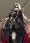  absurdres ahoge armor armored_dress black_dress breasts cape chain cleavage commentary dress eyebrows_visible_through_hair fate/grand_order fate_(series) faulds flag fur_trim gauntlets headpiece highres holding holding_flag hometa jeanne_d'arc_(alter)_(fate) jeanne_d'arc_(fate)_(all) large_breasts navel navel_cutout silver_hair sketch smile smirk thighs yellow_eyes 