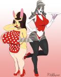  2018 anthro apron big_breasts big_butt bow_tie breasts brown_eyes butt canine clothing cookie dog duo female food footwear green_eyes high_heels huge_breasts lagomorph mammal nipple_peaking plankboy rabbit red_lips shoes short simple_background slim standing thick_thighs thong voluptuous whippet wide_hips 