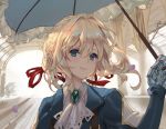  blonde_hair blue_eyes blue_jacket blush braid brooch commentary crown_braid hair_between_eyes hair_intakes hair_ribbon holding holding_umbrella jacket jewelry mechanical_arms mechanical_hand mechanical_hands parasol petals pink_lips prosthesis prosthetic_arm prosthetic_hand red_ribbon ribbon smile umbrella violet_(flower) violet_evergarden violet_evergarden_(character) white_neckwear work_in_progress yume_ou 