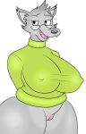  big_breasts bottomless breasts canine clothed clothing crossgender eyewear female fur glasses half_clothed hands_behind_back looking_at_viewer mammal pussy simple_background smile solo sweater symbicort_commercial tongue white_background wolf 