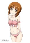  armlet arms_behind_back bangs bikini bow_bikini breasts brown_eyes brown_hair closed_mouth collarbone commentary cowboy_shot dated flipper frilled_bikini frills girls_und_panzer head_tilt leaning_forward looking_at_viewer medium_breasts navel nishizumi_miho pink_bikini short_hair simple_background smile solo standing swimsuit thigh_gap twitter_username white_background 