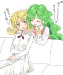  alternate_costume bangs beamed_eighth_notes blonde_hair blush blush_stickers closed_eyes commentary_request couch dress eighth_note elly green_hair hands_on_another's_shoulders kazami_yuuka kazami_yuuka_(pc-98) long_hair long_sleeves looking_at_another multiple_girls musical_note no_hat no_headwear open_mouth plaid plaid_vest s-a-murai sitting touhou touhou_(pc-98) translated vest white_dress yellow_eyes yuri 