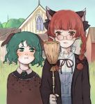  :i american_gothic animal_ears bolo_tie braid broom cat_ears closed_mouth commentary dog_ears dress english_commentary extra_ears eyebrows fine_art_parody glasses green_eyes green_hair hair_ribbon highres holding kaenbyou_rin kasodani_kyouko multiple_girls parody pointy_ears pout red_eyes red_hair ribbon shirt short_hair svveet touhou twin_braids window 