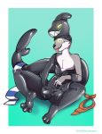  2018 3_toes anthro bandanna black_skin brainwashing bulge canine clothing digital_drawing_(artwork) digital_media_(artwork) dizfoley duo fish fur glowing glowing_eyes grey_fur hi_res hypnosis male mammal marine masturbation mind_control nude open_mouth rem rubber scarf shark simple_background skinsuit smile spiral spiral_eyes tight_clothing toes tongue tongue_out transformation white_fur wolf zipper 
