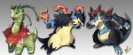  commentary english_commentary etherealhaze fangs feraligatr fire gen_2_pokemon gradient gradient_background grey_background highres mega_pokemon meganium no_humans original pokemon sharp_teeth spikes standing teeth typhlosion 