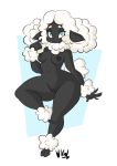  2018 anthro areola black_skin blue_eyes breasts caprine female fluffernubber fluffy_hair full-length_portrait hair hi_res hooves looking_at_viewer mammal midriff navel nipples nude on_one_leg portrait pussy sheep signature solo standing thick_thighs white_hair wide_hips 