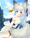  animal_ear_fluff animal_ears ass bare_back bare_shoulders black_panties blade_&amp;_soul blue_eyes cloud commentary day dress dress_lift elbow_gloves from_behind gloves hands_together jewelry lifted_by_self long_hair looking_back lyn_(blade_&amp;_soul) mountain noa_(nagareboshi) open_mouth outdoors panties ponytail ribbon short_dress silver_hair single_earring sky smile solo strapless strapless_dress tail underwear upper_body white_dress white_gloves wolf_ears wolf_tail 