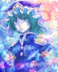  bangs blue_hat blue_shirt closed_mouth clumeal expressionless eyelashes flower green_eyes green_hair hair_between_eyes hat red_flower shiki_eiki shirt short_hair shoulder_pads solo spider_lily touhou twitter_username upper_body 
